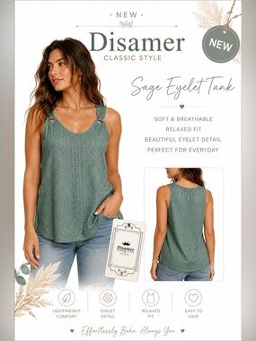 Disamer Sage Green Eyelet Tank Top NWT Boho Sleeveless Relaxed Fit Large